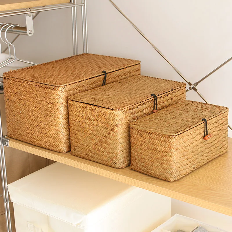Woven Basket Set - Woven Storage Basket with Vintage Straw