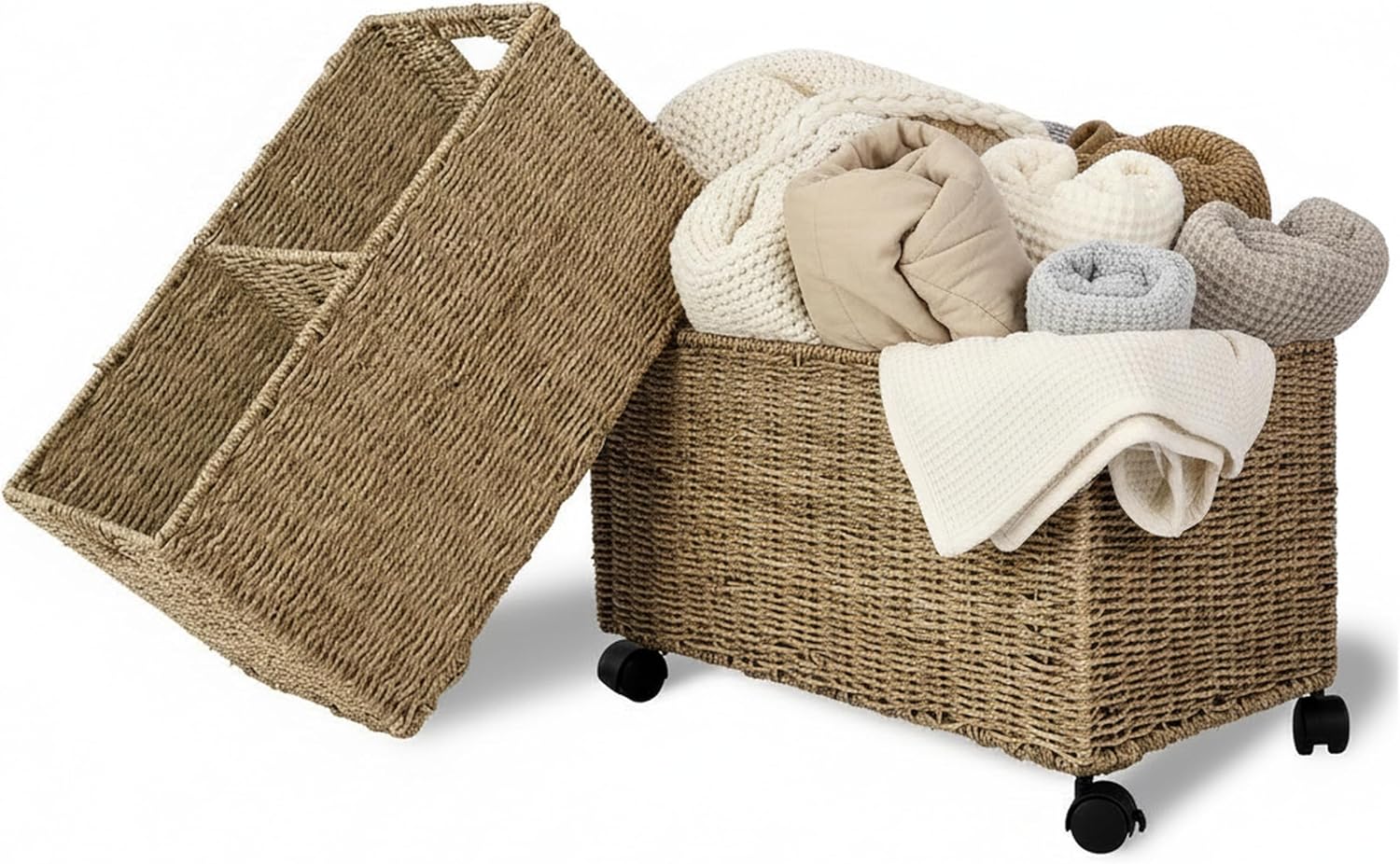 Natural Wicker Rolling Storage - Woven Basket Set ulasan dan harga