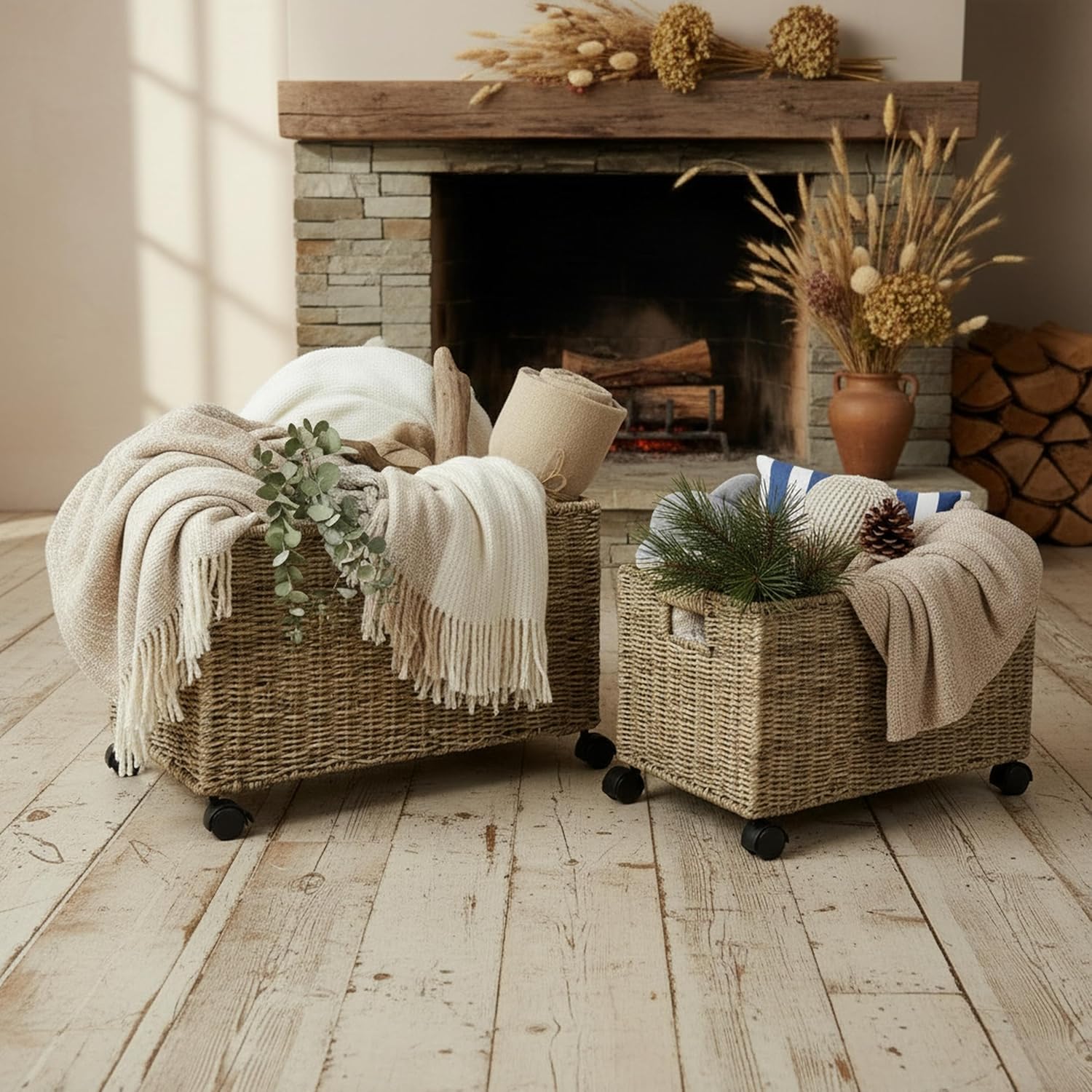 Natural Wicker Rolling Storage - Woven Basket Set ulasan dan harga