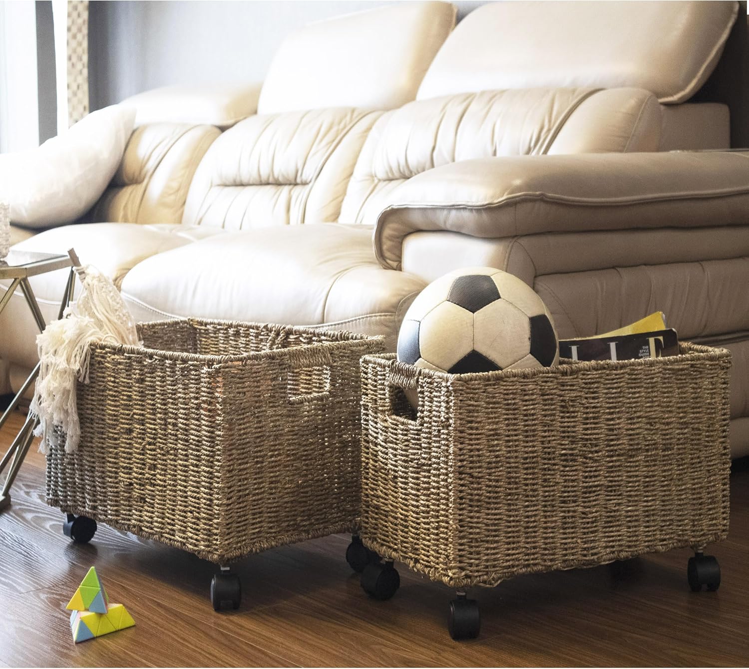 Natural Wicker Rolling Storage - Woven Basket Set ulasan dan harga